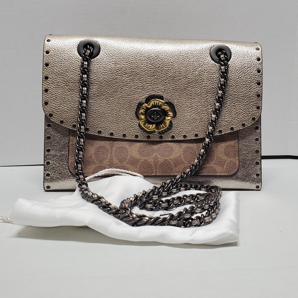 Coach Parker Signature/Rivets Metallic Snakeskin